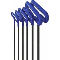 This T-shaped hex key set includes 6 pieces in metric sizes with standard ends and a black finish. The tools are stored in a pouch for organization and portability. Suitable for tightening or loosening hex socket screws and bolts in industrial maintenance, assembly, and repair tasks.