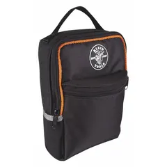 Polyester wide-mouth tool bag in black with 2 exterior pockets and 1 inside pocket. Dimensions 9 in W x 3 in D x 11 in H. Suitable for carrying and organizing hand tools, test instruments, and small parts on job sites.
