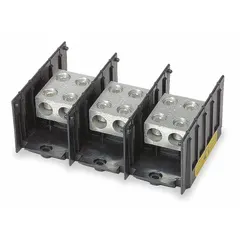 Open-style power distribution block with aluminum construction and lug-to-lug connections. Accepts line-side wire sizes from 6 AWG to 350 kcmil. Designed for surface mounting in electrical distribution applications.