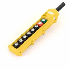 This push-button pendant features eight momentary push buttons, each with 1NO/1NC contacts and On/Off legend. The thermoplastic enclosure is rated NEMA 4/4X for indoor or outdoor use. AC contact rating is 5 A at 125/240 V; DC contact rating is 2 A at 24 V. Dead-end hub style. Used for remote control of cranes, hoists, and industrial machinery.