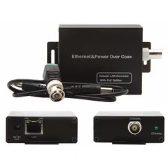 This Power over Ethernet transmitter delivers 48V DC power and data over a single cable to one IP camera, eliminating separate power wiring. It accepts a maximum input voltage of 48/57V DC and provides a maximum output voltage of 48V DC. The metal rack-mountable housing in black is suited for centralized security installations in commercial or industrial facilities. No configuration is required.