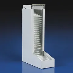 This metal test tube dispenser is designed to organize and dispense 10x75 mm and 12x75 mm tubes. It provides one-handed access to tubes, facilitating efficient sample handling and storage in laboratory and clinical settings.