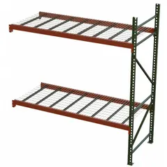 This teardrop pallet rack kit includes wire decking for storing palletized goods, boxes, or bulk items. Constructed from steel with a polyurethane finish on the rack and galvanized decking, it features 16 ga beams and 14 ga uprights. Color is green/orange.