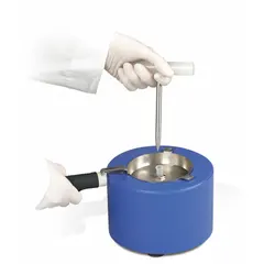 This stainless steel mortar and pestle set is designed for cryogenic grinding of samples at low temperatures. With a 114 mm mortar height and 1.5 mL capacity, it is suitable for preparing brittle or heat-sensitive materials in laboratory settings.