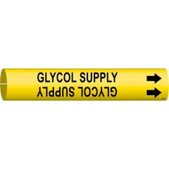 Yellow snap-on pipe marker with black legend reading 'Glycol Supply' and directional arrows. Fits pipe outer diameters of 4 to 6 inches. Used to identify glycol supply lines in industrial piping systems, aiding in compliance with pipe-labeling standards.