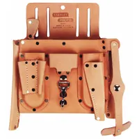 This tan leather tool pouch from PROTO features 14 pockets and is designed for carrying tape measures. It attaches to belts up to 2 inches wide via a belt slot and has an open-top closure for quick access