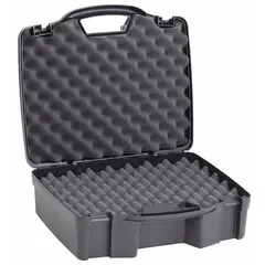 This suitcase-style case provides portable storage and protection for tools, instruments, and sensitive equipment. The convoluted interior cushions contents against shock and vibration. Features a recessed closure type. Interior dimensions: 11 3/8 x 16 1/4 x 5 3/4 in. Weight: 3 lb. Color: Black.