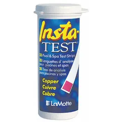 These single-parameter test strips measure copper concentration in water from 0 to 3 ppm. Each strip is 3 inches long and 1/4 inch wide, with 25 tests per package. Suitable for industrial water treatment, plating bath monitoring, and cooling tower testing.