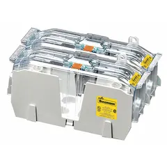 This BUSSMANN fuse block is a 2-pole, open-block design rated for 600 V AC. It features box lug terminals and is non-indicating. Designed for UL Class J fuses, it is used in industrial power distribution, motor control centers, and panelboards to safely mount and connect fuses in high-current applications.