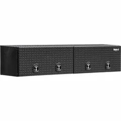 This topside box features double flip-up doors with a T-handle compression lid and a keyed lock for secure storage. Finished in gloss black, it is designed for mounting on truck beds to organize and protect tools and equipment from weather and theft.