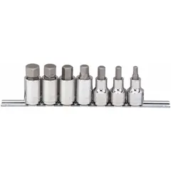 This 25-piece hex bit socket set includes 7 sockets with a 1/2 in drive size and tip sizes ranging from 6 mm to 19 mm. Designed with a fixed insert, it is used for driving hex fasteners in assembly, maintenance, and repair tasks.