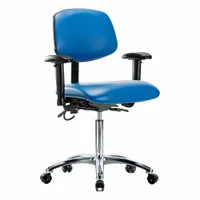 ESD-safe task chair with a vinyl seat and aluminum base. Includes arms, back tilt from 10.5° forward to 13.5° backward, seat width 18 1/2 in, depth 17 in, and height range 21 1/2 in to 29 in. No foot support. Suitable for environments requiring static control, such as electronics assembly and laboratory workstations