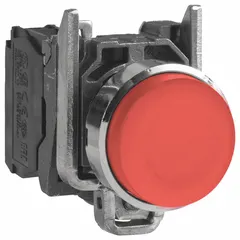 Momentary-action flush-mount push button with metallic operator, 22 mm mounting diameter, and 1 normally open contact. Suitable for control panels and industrial machinery requiring a flush profile and tactile switching.