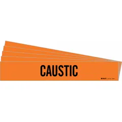 Orange adhesive pipe marker with black legend reading 'Caustic' for identifying piping that carries caustic substances. Each marker fits pipe outer diameters from 2-1/2 to 7-7/8 inches. Sold in a 5-pack. No arrows included.