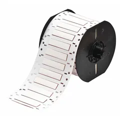 Polyolefin sleeve label roll with white matte finish, measuring 1/4 in x 2 in. Designed for wire gauges 8 AWG to 12 AWG. Compatible with BBP33 printer series. Used for on-demand wire identification and cable marking in control panels, electrical installations, and maintenance applications.