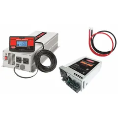 Multi-unit inverter with integrated battery charger. Converts 10.5-15V DC to 120V AC modified sine wave, peak 3000W. Charger accepts 105-130V AC input, outputs 13.2-14.4V. Suitable for mobile power systems, RVs, and backup power applications.