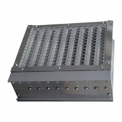 Flush mount, hat channel wind driven rain louver. Constructed of aluminum with a 90° blade angle. Dimensions: 23 1/2 in height, 59 1/2 in width. Rated for maximum air velocity of 1250 fpm. Suitable for exterior wall openings requiring weather protection and airflow.