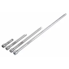 This set includes chrome wobble hand socket extensions with 3/8-inch input and output drive sizes. The wobble design allows angled access to fasteners in tight or offset positions. Suitable for extending reach in automotive repair, machinery maintenance, and general assembly tasks using a 3/8-inch drive system.