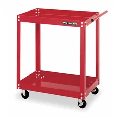 This utility cart from WESTWARD is designed for light-duty material transport in warehouses, workshops, and retail environments. It features a 27 in L x 18 in W shelf and overall dimensions of 30 in L x 18 in W x 33 in H. The cart is equipped with four swivel casters for maneuverability and has a red finish.