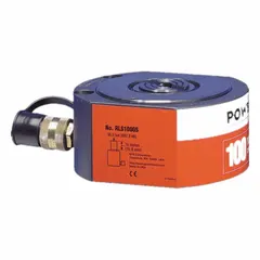 Single-acting hydraulic ram with 100 ton nominal capacity and 1 in nominal stroke. Low profile design suits confined spaces requiring high force with minimal extension. Used for lifting, pressing, and positioning heavy loads in industrial maintenance and manufacturing.
