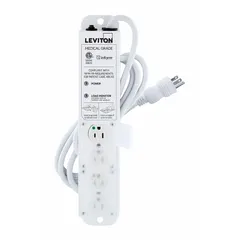 This LEVITON healthcare power strip provides four 5-15R outlets with a 7 ft cord and 5-15P plug. Rated for 15 A and 644 J surge energy, it features a white finish and screw mounting for secure installation in medical environments.