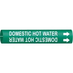 Green pipe marker with white legend reading 'Domestic Hot Water' and directional arrows. Fits pipe outer diameters from 1-1/2 to 2-3/8 inches. Snap-on design for quick installation on piping systems. Used to identify domestic hot water lines in commercial and industrial facilities.
