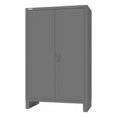 Assembled steel bin cabinet with gray powder-coated finish and recessed door. Includes 144 yellow bins (4x7x3 in each) and 4 shelves. Used for organizing small parts, tools, and supplies in industrial and warehouse settings.