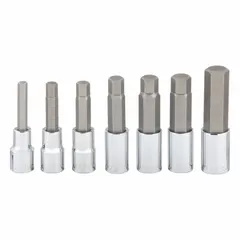 This 25-piece hex bit socket set features a 1/2 in drive size and a replaceable insert for quick bit changes. The set includes 7 hex bit sizes ranging from 5/16 in to 3/4 in. Suitable for driving hex fasteners in automotive repair, machinery assembly, and industrial maintenance.