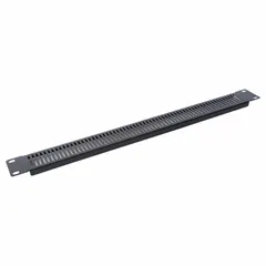 This vented filler panel from VIDEO MOUNT PRODUCTS is designed to cover unused 1-rack-unit spaces in 19-inch equipment racks. Constructed from black steel, it measures 19 inches wide and 1 3/4 inches high. The panel helps manage airflow and reduce dust ingress in rack enclosures.