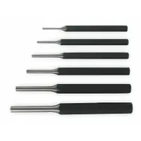 This 6-piece punch set is designed for removing drive pins, roll pins, and dowel pins in industrial maintenance and assembly tasks. The steel punches feature SAE tip diameters of 1/4 in, 1/8 in, 3/16 in, 3/32 in, 5/16 in, and 5/32 in, with the largest punch measuring 1/4 x 5-3/4 in. Suitable for applications in machining, material handling, and repair work