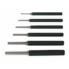 This 6-piece punch set is designed for removing drive pins, roll pins, and dowel pins in industrial maintenance and assembly tasks. The steel punches feature SAE tip diameters of 1/4 in, 1/8 in, 3/16 in, 3/32 in, 5/16 in, and 5/32 in, with the largest punch measuring 1/4 x 5-3/4 in. Suitable for applications in machining, material handling, and repair work.