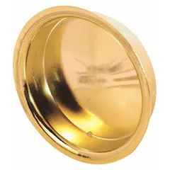 This round recessed handle is made of steel with a polished brass finish. It features unthreaded mounting holes and is supplied as a single piece. Suitable for flush-mount applications on trays, drawers, or panels where a low-profile grip is required.