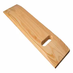 This wood transfer board from DMI measures 30 inches in length, 3/4 inch in width, and 8 inches in height. It is designed for moving patients between surfaces in medical settings such as hospitals and long-term care facilities.