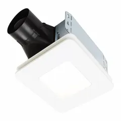 Ceiling-mount bathroom exhaust fan with integrated LED light module. Single-speed operation at 60 cfm and 9 sones. Includes round duct connection, flange mounting, and exhaust grille. Powered by 120V AC. Suitable for removing moisture and odors from bathrooms and similar small spaces.
