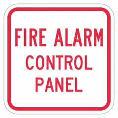 Square aluminum sign with Diamond Grade retroreflective surface for marking fire alarm control panels. Nominal size 12 in x 12 in, features mounting holes for secure installation. Not glow-in-the-dark. Suitable for commercial and industrial facilities to indicate panel location under emergency lighting.
