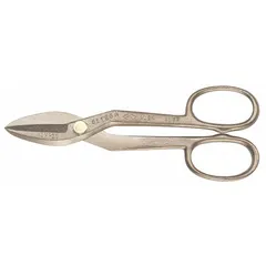 Straight tinner snips with 14 in overall length and 4 1/2 in cutting length. Constructed from aluminum bronze, plastic, and metal. Designed for cutting sheet metal in environments where non-sparking tools are required.