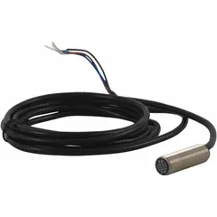Shielded cylindrical inductive proximity sensor with non-terminated cable and PNP output. Operates on 12-24V DC supply. Used for non-contact detection of metal objects in industrial automation, packaging, and material handling applications.