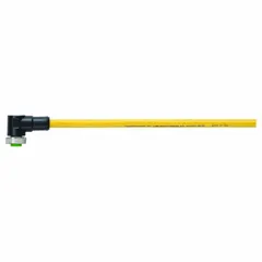 Single-ended cordset with a 7/8" female right angle connector and bare wire termination. Features 4 pins, 16 AWG wire size, 5 m cable length, and 9 A maximum current. Yellow TPE jacket with IP68 rating for use in harsh industrial environments requiring moisture and abrasion resistance.