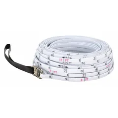 Fiberglass long measuring rope with single-sided SAE/Engineers scale graduated in 1/10 ft increments. 100 ft length with loop end tip. Used for land surveying, construction layout, and distance measurement.