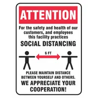 White vinyl adhesive sign, 14 in x 10 in nominal size, 14 in height. Mounts on surfaces to display social distancing attention messages for customers and employees in commercial or industrial facilities