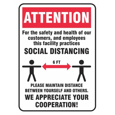 CONDOR Social Distancing Sign, 14 in x 10 in, Adhesive Vinyl, White - Attention - Customers & Employees - Social Distancing Sign