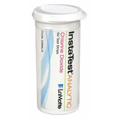 Single-parameter test strips for measuring chlorine dioxide levels in water from 0 to 5 ppm. Each strip is 3 inches long and the pack provides 50 tests. Used for monitoring disinfection and water treatment processes.