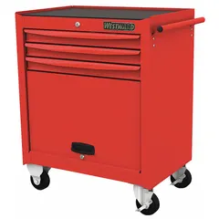 This light-duty rolling tool cabinet from WESTWARD measures 28 11/16 inches wide by 18 inches deep by 33 7/8 inches high. It features three drawers and a red exterior with red drawer fronts. Suitable for organizing and transporting tools in workshops, garages, and maintenance areas.