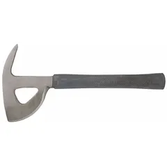 This crash axe features a 2 lb steel head with an unfinished blade finish and a steel handle. It is designed for forcible entry and emergency rescue applications, such as breaching doors, windows, and light barriers.
