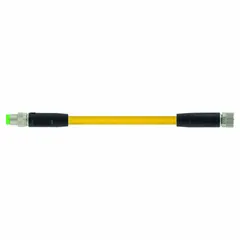 Double-ended cordset with M8 male straight and M8 female straight connectors. Features 3 pins, 24 AWG wire, and 5 m cable length. PUR jacket resists oils and abrasion for twisting applications. IP67 rated for dust and water immersion. Suitable for connecting sensors and actuators in industrial automation and robotics.