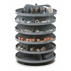 Revolving storage bin with flat-bottom shelves for organizing small parts and hardware. Features 6 levels, each with 4 bins, providing accessible storage in workshops and industrial settings.