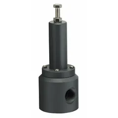 PVC body pressure relief valve with FKM seals, 1 in x 1 in FNPT connections. Adjustable back pressure design protects piping systems from overpressure. Suitable for corrosive and ultra-pure liquid applications.