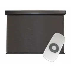 Motorized exterior sun shade with right-side operation and remote control. Features a 72 in valence width in Oil Rubbed Bronze, Kona fabric, and a cable tie-down system. Suitable for blocking solar heat and UV rays on patios, decks, or windows.