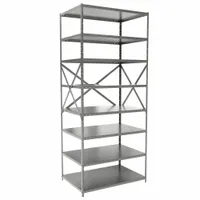 Steel frame and shelves with a gray finish. Eight shelves provide storage for tools, parts, boxes, and inventory. Unassembled unit with overall height of 84 inches. Suitable for medium-duty storage in warehouses, factories, and commercial facilities