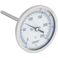 This ASHCROFT dial thermometer features a 3-inch dial diameter and 4-inch stem length with ±1% accuracy. It is designed for back-mount fixed-angle thread-mount installation, providing local temperature readout in industrial processes such as HVAC, refrigeration, and fluid handling.